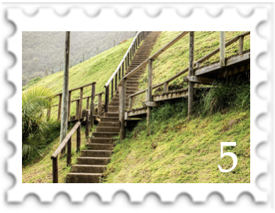 May 2024 Crossroads of the Fallen King SWG challenge stamp - photo of the crossing of two sets of wooden steps ascending a steep green hillside in a tropical region with the number 5 in the lower right corner