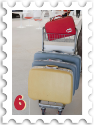 June 2024 Funky 70s SWG challenge stamp - photo of luggage (including a red TWA suitcase) on a cart in a 70s airport lounge