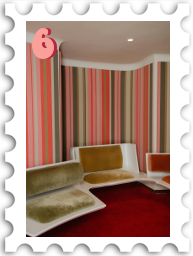 June 2024 Funky 70s SWG challenge stamp - photo of a room done in 70s decor - plastic chairs with velvet upholstery, striped wallpaper, and shag carpet