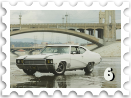 June 2024 Funky 70s SWG challenge stamp - photo of a 70s muscle car in what appears to be a mostly dry storm drain channel, with a concrete bridge in the background