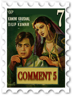 July 2024 Bollywood challenge commenter stamp - vintage Bollywood poster with a woman leaning over a man's shoulder