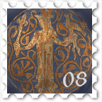 August 2024 Kings & Queens SWG challenge stamp - Copper and blue enamel medallion of a medieval European queen. In her right hand she holds a scepter topped with a fleur-de-lys, on her left arm a falcon. She is surrounded by stylized flourishes reminiscent of flowering vines.