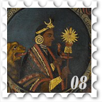 August 2024 Kings & Queens SWG challenge stamp - Portrait in European style of the Incan king Manco Capac wearing the finery of his office. In addition to rich robes and golden armbands, he wears a golden circlet with a bull and spiral earpiece. In his right hand is a staff with a radiant sun, on his left hand a colorful bird perches. Behind him is a snarling lion.