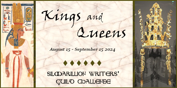 SWG Kings & Queens challenge banner - three panels: left, an image of an ancient Egpytian queen with hieroglyphics; center: the text "SWG Challenge Crossroads of the Fallen King  May 15 - June 15 2024" over a marble background; right: a photo of the gold crown from Seobongchong Tumulus, a tall stylized gold lattice with intricate gold earrings on either side of the headband.