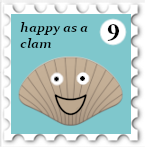 September 2024 Idiomatic SWG challenge stamp - smiling clam with the caption "happy as a clam" and the number 9.