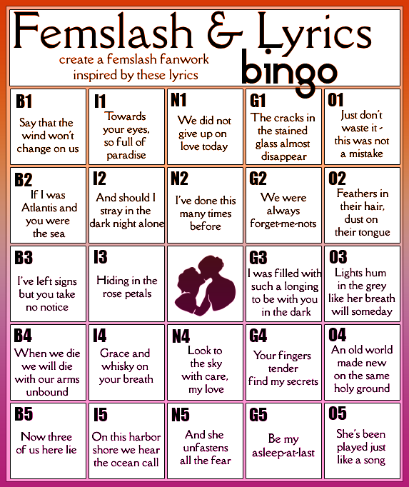 Femslash & Lyrics Bingo card. Text prompts given below the image