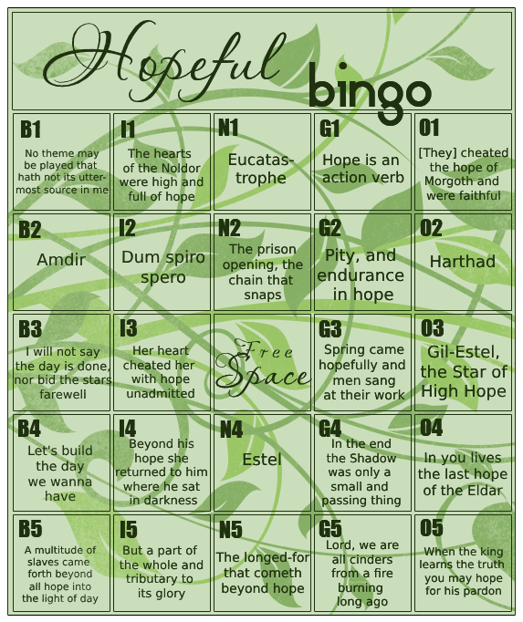 Hopeful Bingo card. Text prompts given below the image