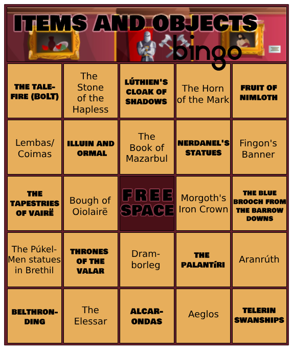 Items and Objects Bingo card. Text prompts given below the image