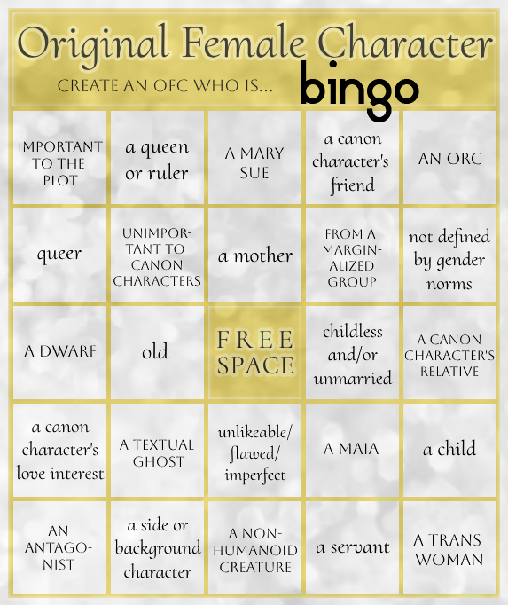 Original Female Character Bingo card. Text prompts given below the image