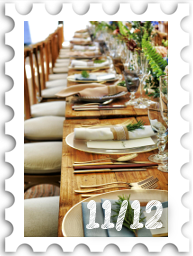 November/December 2024Potluck SWG challenge stamp - a long table with many place settings for a festive meal