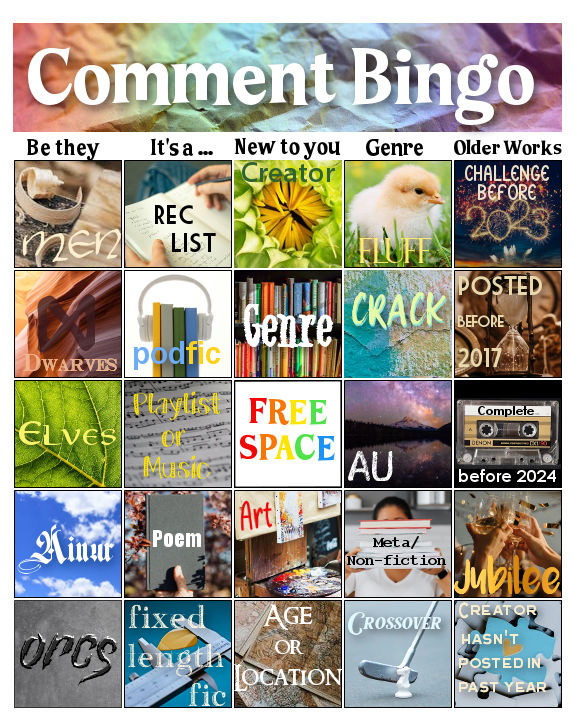 Comment Bingo card. Text prompts given below the image