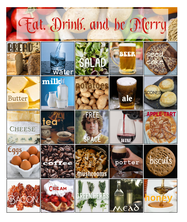 Eat, Drink, & Be Merry Bingo card. Text prompts given below the image