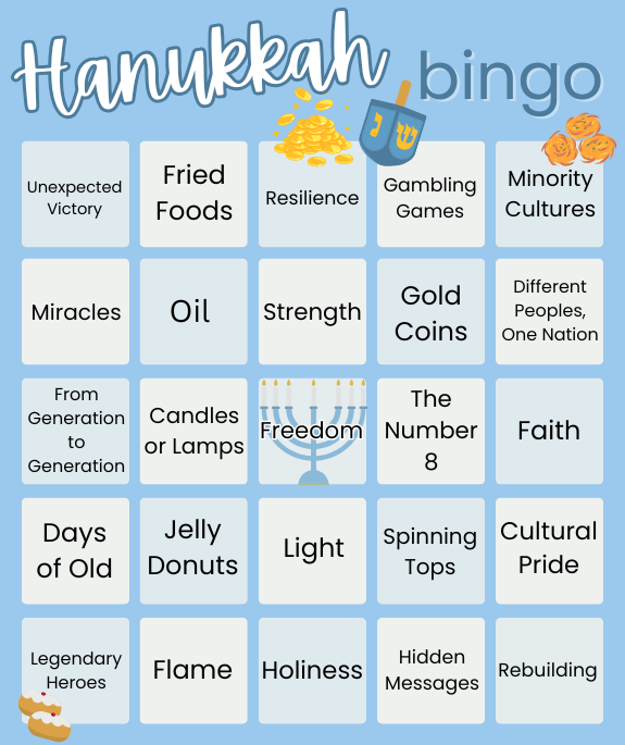 Hanukkah Bingo card. Text prompts given below the image