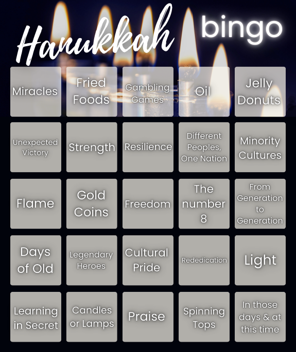 Hanukkah (2) Bingo card. Text prompts given below the image