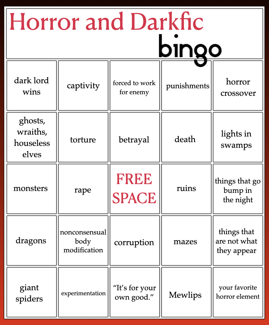 Horror and Darkfic Bingo card. Text prompts given below the image