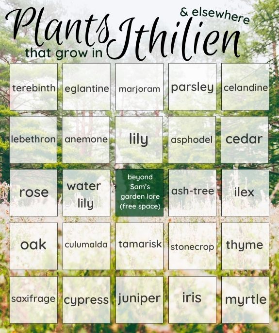 Plants That Grow in Ithlien and Elsewhere Bingo card. Text prompts given below the image