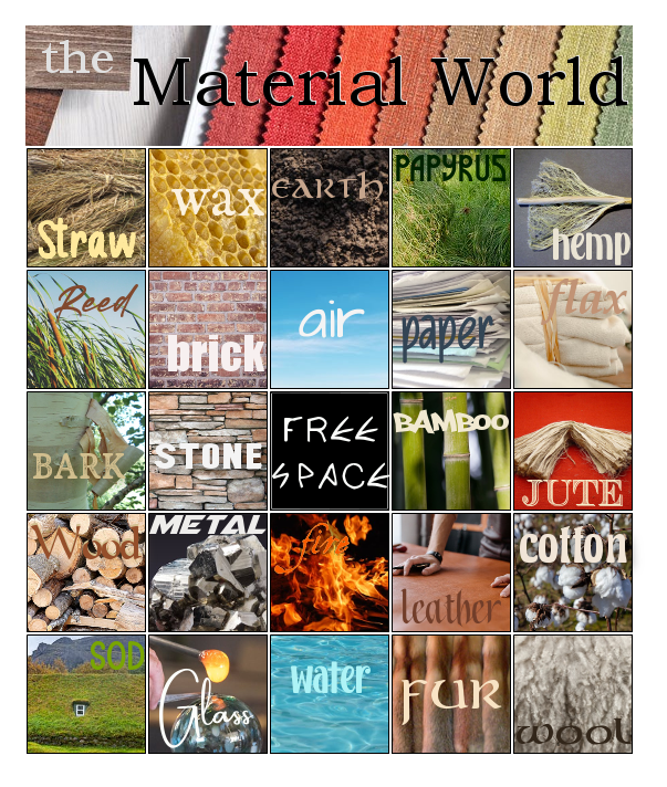 The Material World Bingo card. Text prompts given below the image