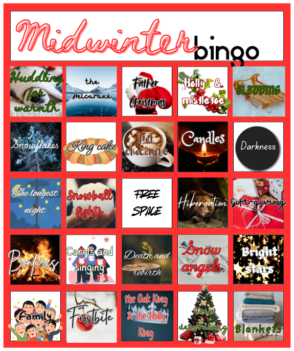 Midwinter Bingo card. Text prompts given below the image.