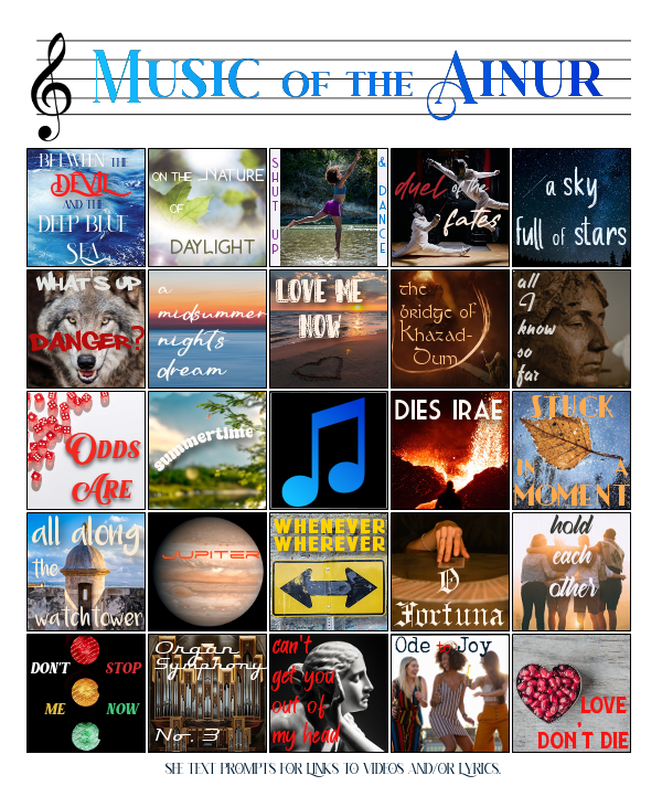 Music of the Ainur Bingo card. Text prompts given below the image.