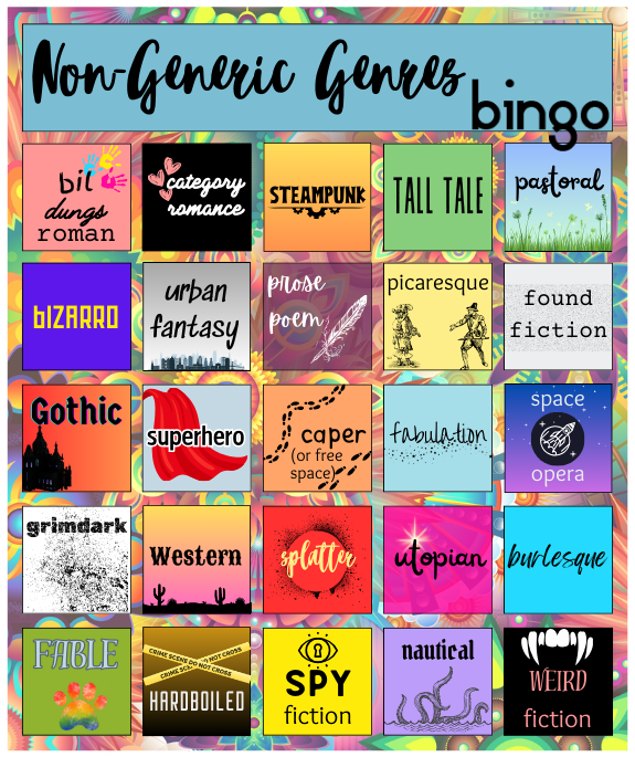 Non-Generic Genres Bingo card. Text prompts are given below the image