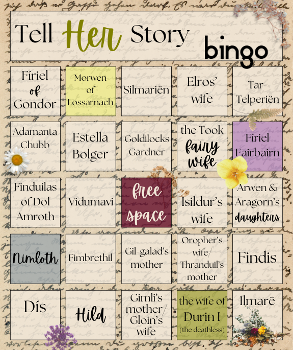 Tell Her Story Bingo card. Text prompts given below the image