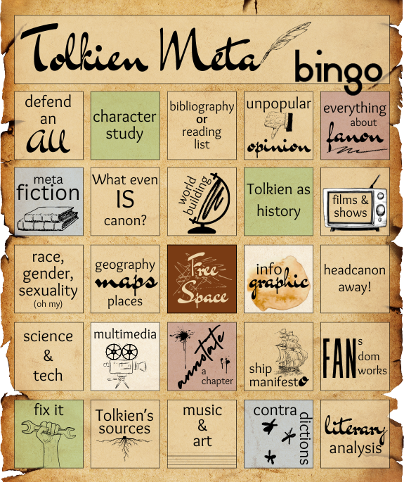 Tolkien Meta Bingo card. Text prompts given below the image