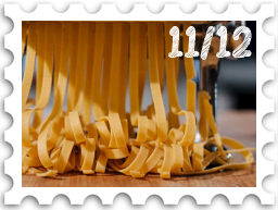 November/December 2024Potluck SWG challenge stamp - fresh cut fettucine coming out of a hand-cranked pasta machine