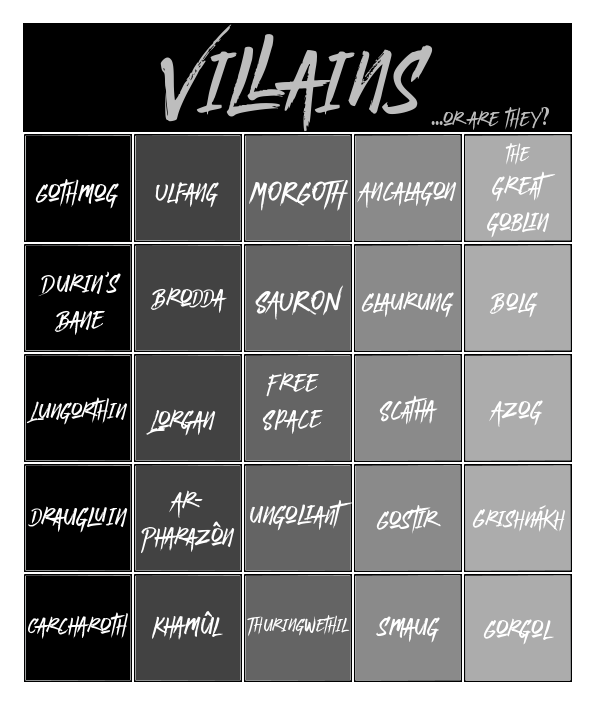 Villains...or are they? Bingo card. Text prompts given below the image