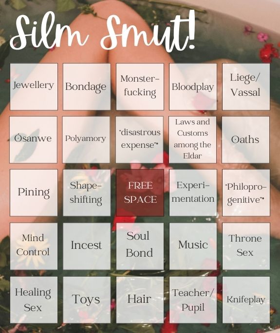 Silm Smut Bingo card (NSFW). Text prompts given below the image