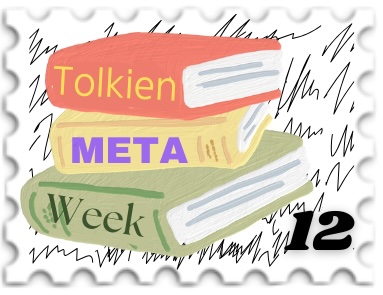 Tolkien Meta Week challenge stamp - a stack of three books with each spine reading one word each of Tolkien Meta Week