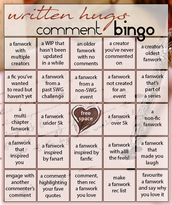 Written Hugs Bingo card. Text prompts given below the image