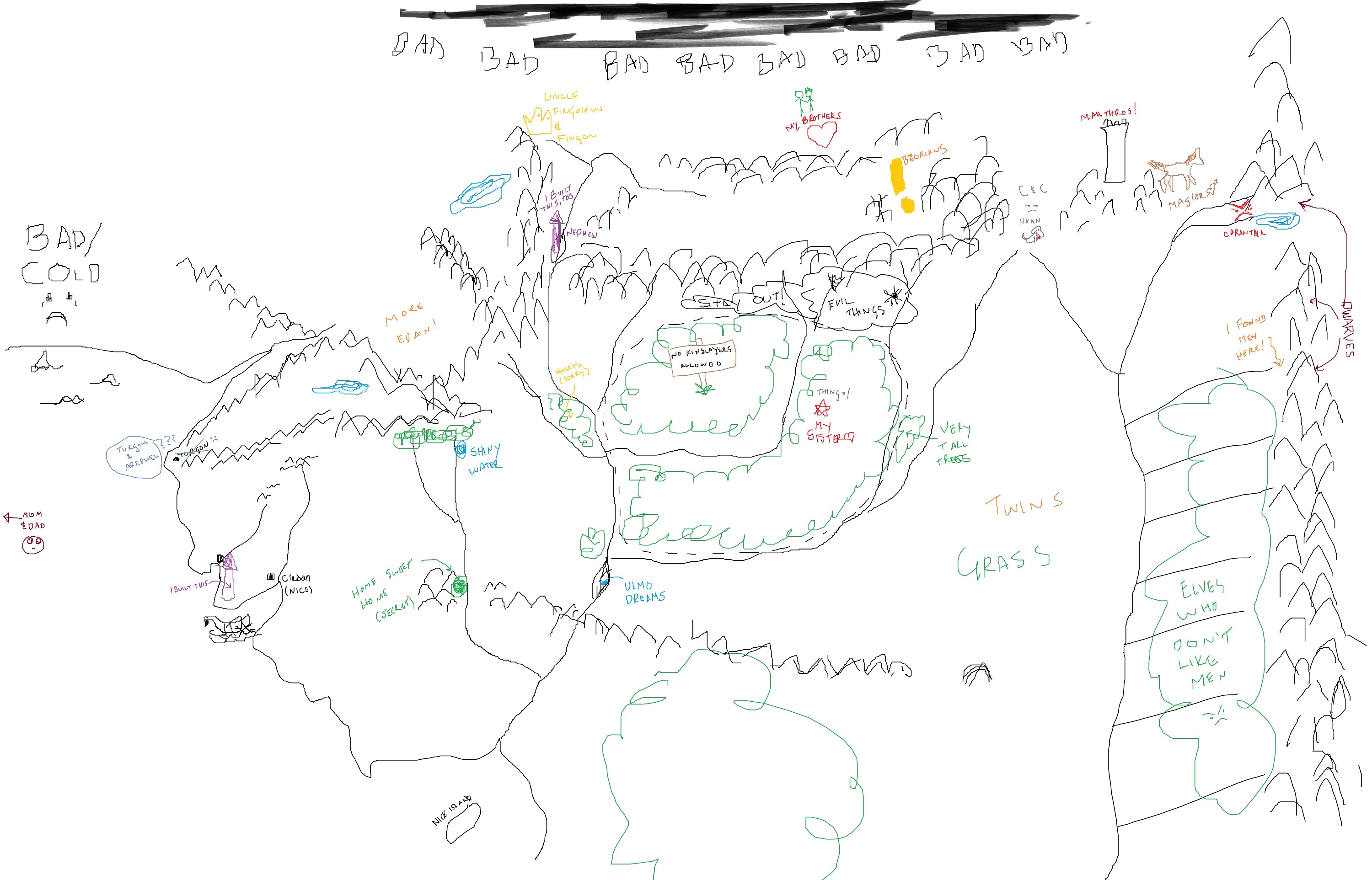 A colorful map of Beleriand done in MS Paint, in the style of a 6 year old coloring and filling in important points and comments.