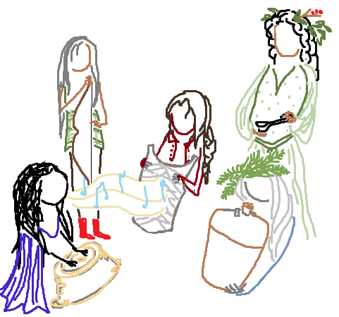 Bad Paint Art of Luthien playing an upturned washtub, Daeron playing a clay jug, Nellas playing spoons, Mablung playing a "washboard" breastplate, and Beleg playing the bow.