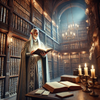 Archivist elf with a book in his hand in an ancient library