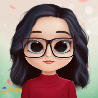 Virtual avatar of a girl made using the Dollify app. The girl has black hair and is wearing a red shirt and glasses.