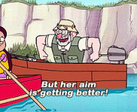 Grunkle Stan from Gravity Falls on a boat and saying the second half of a dad joke: "But her aim is getting better!"