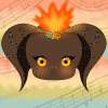 Depicted is the (chibi) head of a (female) Balrog. She has glowing yellow and orange eyes, a flame on her head and a few tiny flowers attached to her brow. Her horns have glowing ridges. One single fang is visible.
