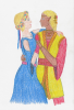 A coloured pencil drawing of two people, Amarie and Finrod, dancing. Amarie is on the left side and wears a blue dress, her blonde hair is put up into a crown braid with blue and pink ribbons woven in. Finrod is on the right, he is wearing a yellow robe with pink sleeves and orange hems, decorated with gold. His hair is put into a french braid and adorned with jewellery, he also wears several gold neclaces with colourful stones.