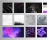  Asexual Pride moodboard: Three rows of images. Row 1: An image of shiny, black, wrinkled cloth. An image of black marble with white veins. An image of white smoke on a black background. 4 coloured boxes in vertical order in black, grey, white and purple, symbolising the ace pride flag. Row 2: An image of white marble with grey veins. An image of a black forest with mist rising above it. An image of grey leather. An image of grey clouds. Row 3: An image of purple and pink clouds with moons hidden behind it.