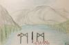 Drawing featuring Mîm's name in stylized Anglo-saxon runes set against Tarn Aeluin as a background