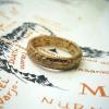 A photo of a replica of the One Ring, placed over a Finnish version of the map that comes with LOTR books. The Ring has been placed over the top of Mordor, so that Orodruin is left inside of it.