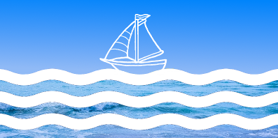 Flag of Team Balar - outline of a sailboat in white, above stylized waves in white. Background is a tropical sea and sky.