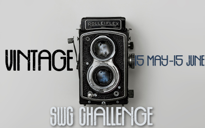 May 2022 challenge banner Vintage with old-fashioned camera, May 15-June 15