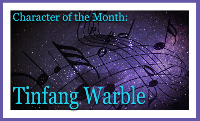 Character of the Month - Tinfang Warble, music notes on a starry backdrop